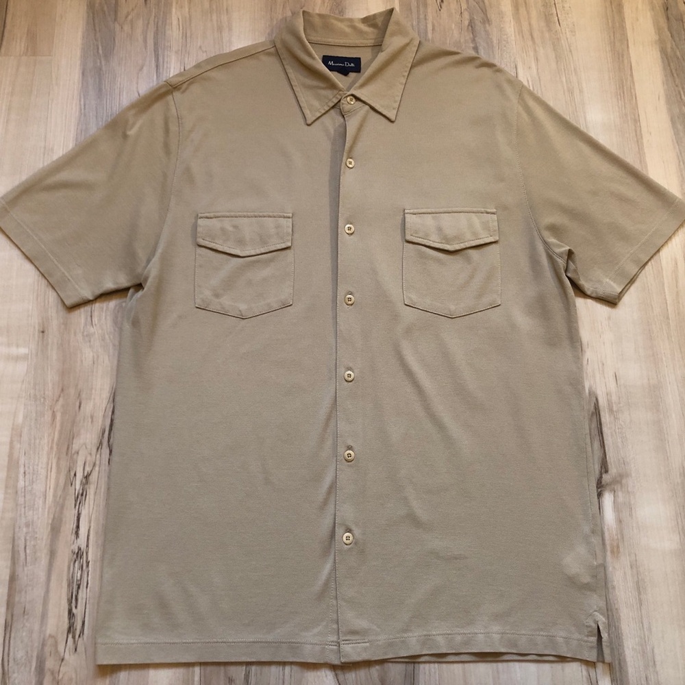 Massimo Dutti Mens L 40 Beige Cotton Pique Short Sleeve Utility Button-Up Shirt!